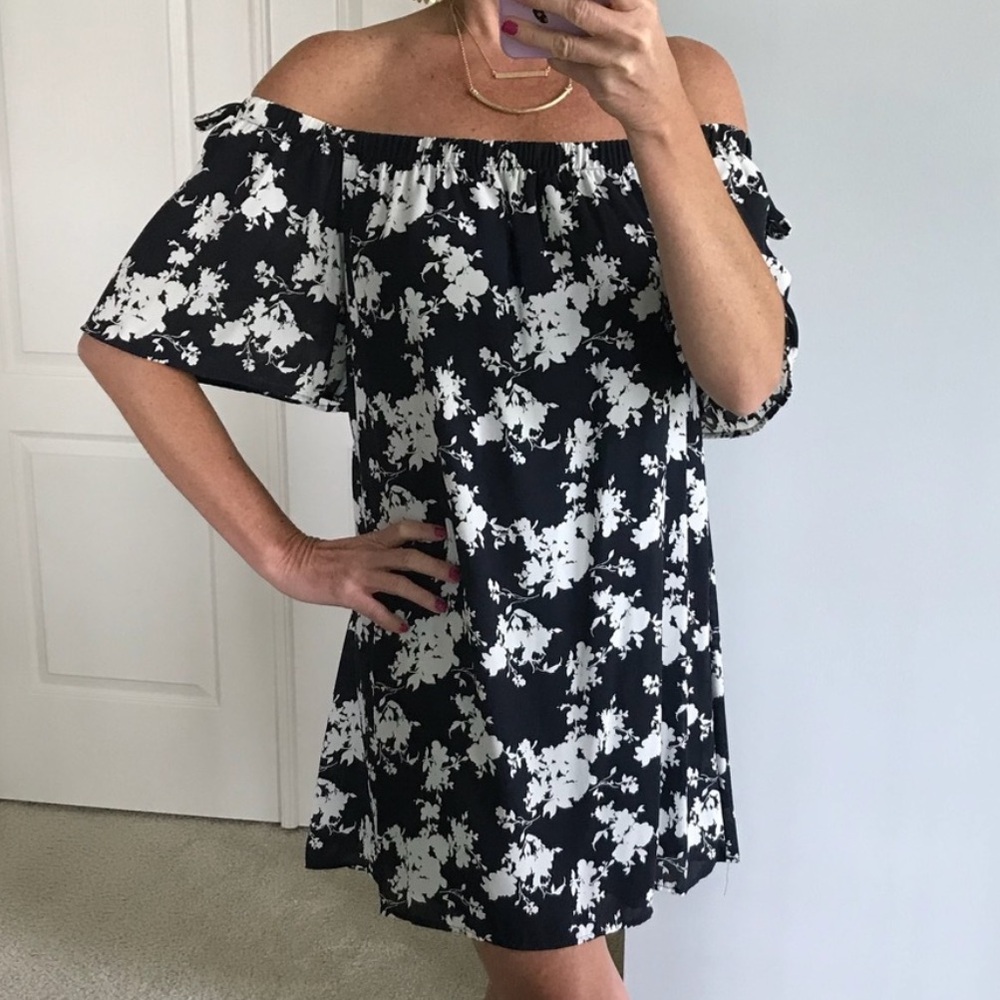 Navy Floral Off the Shoulder Dress